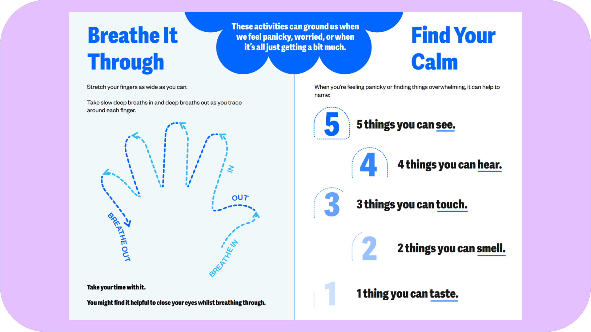 A preview of the resource showing a hand for breathing and 5 things to do to find your calm.