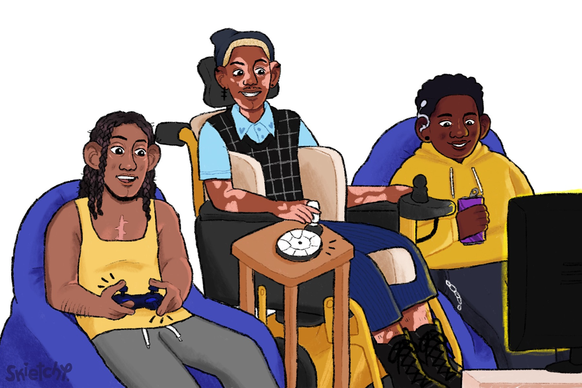 3 Black young people are playing video games together.