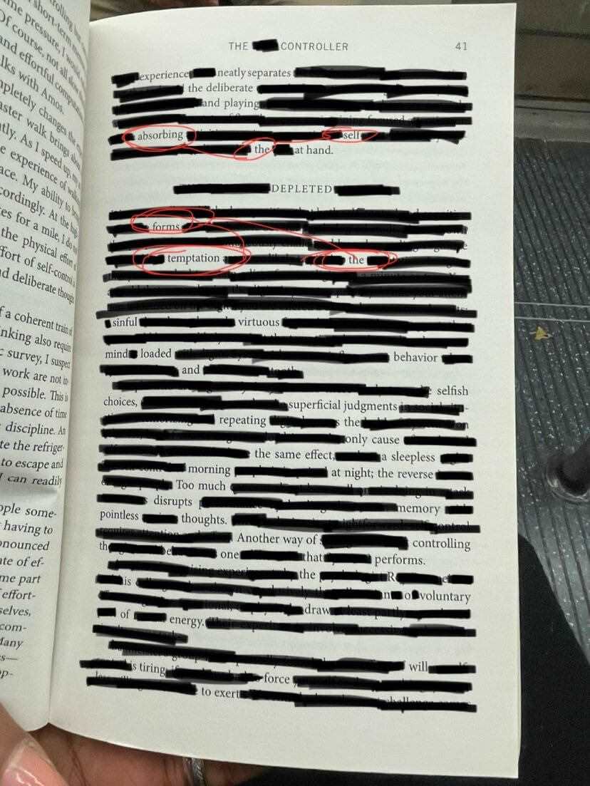 A blackout poem on a book page.