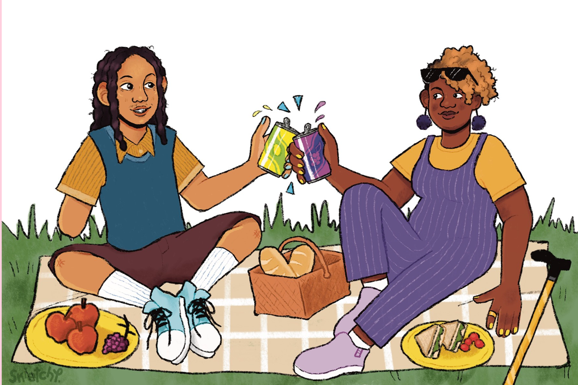 Two black young people having a picnic in a park. The character on the left in an amputee and the character on the right has a mobility aid.