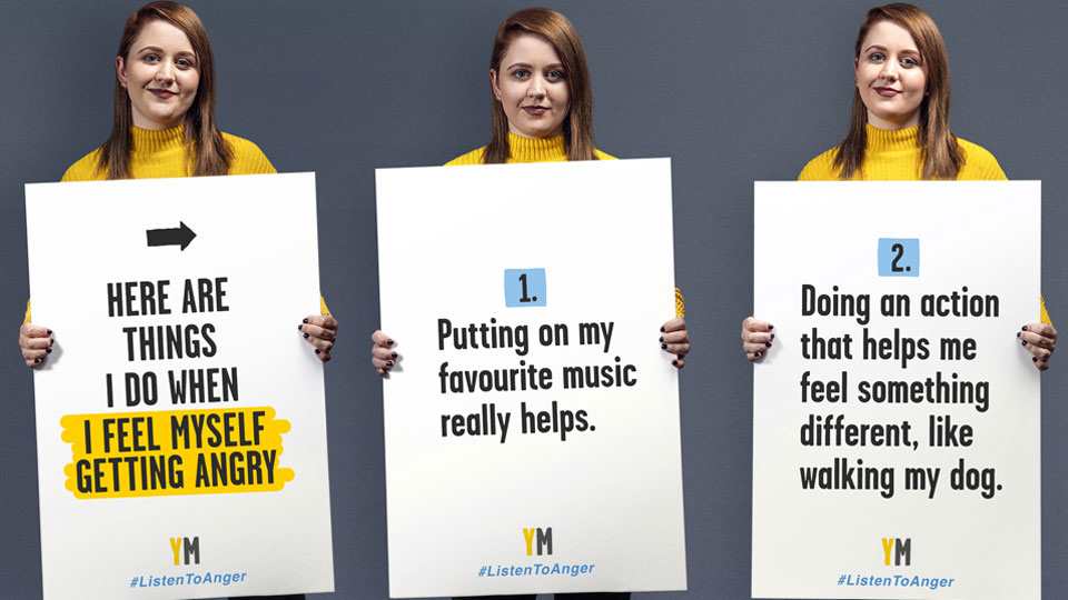 In the image the same person is shown three times holding placards with the different words on them. The person is wearing yellow and in each one smiling, and looking at the camera. The placards are things they do when they feel themselves getting angry.