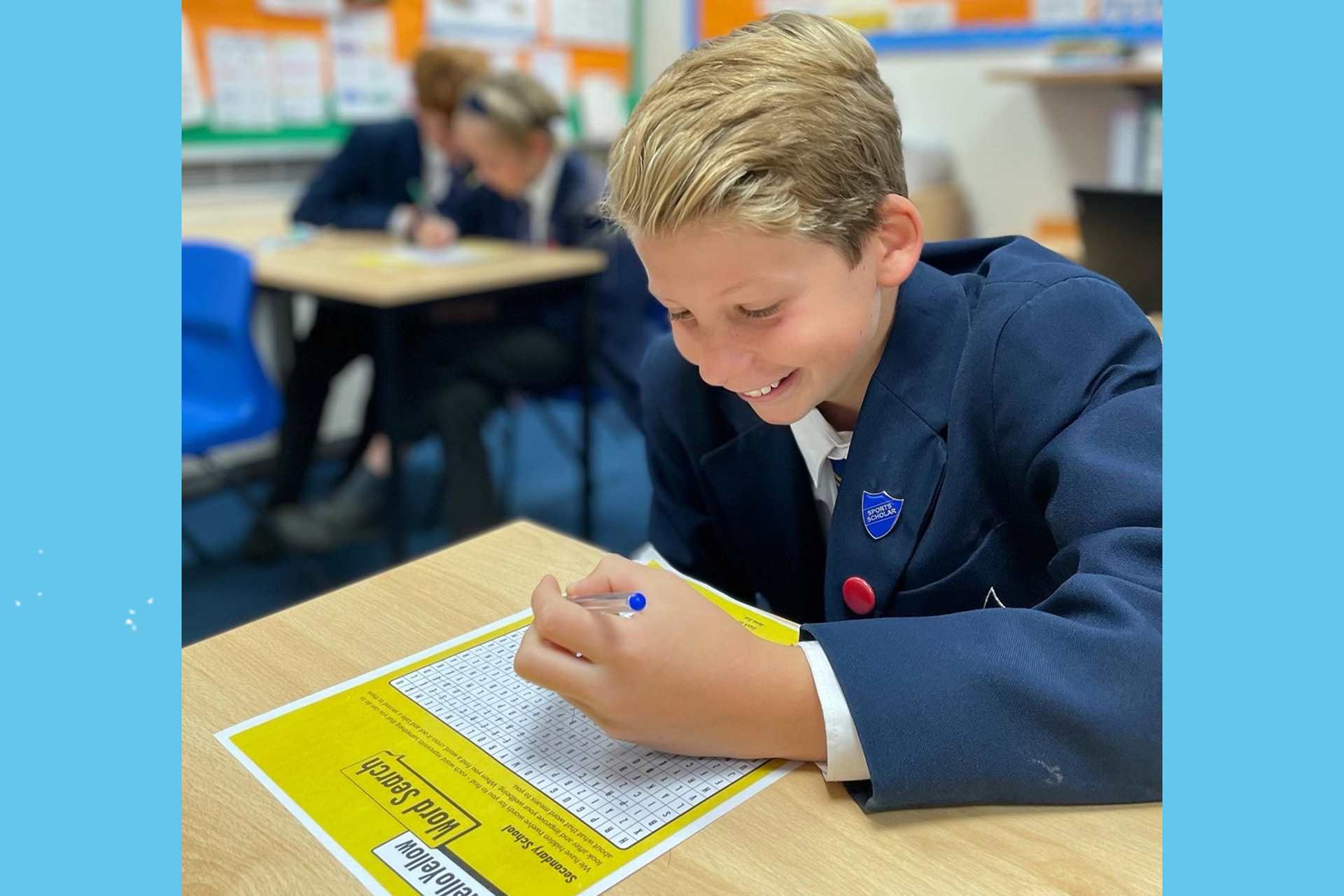 A secondary school child completing a #HelloYellow word search.