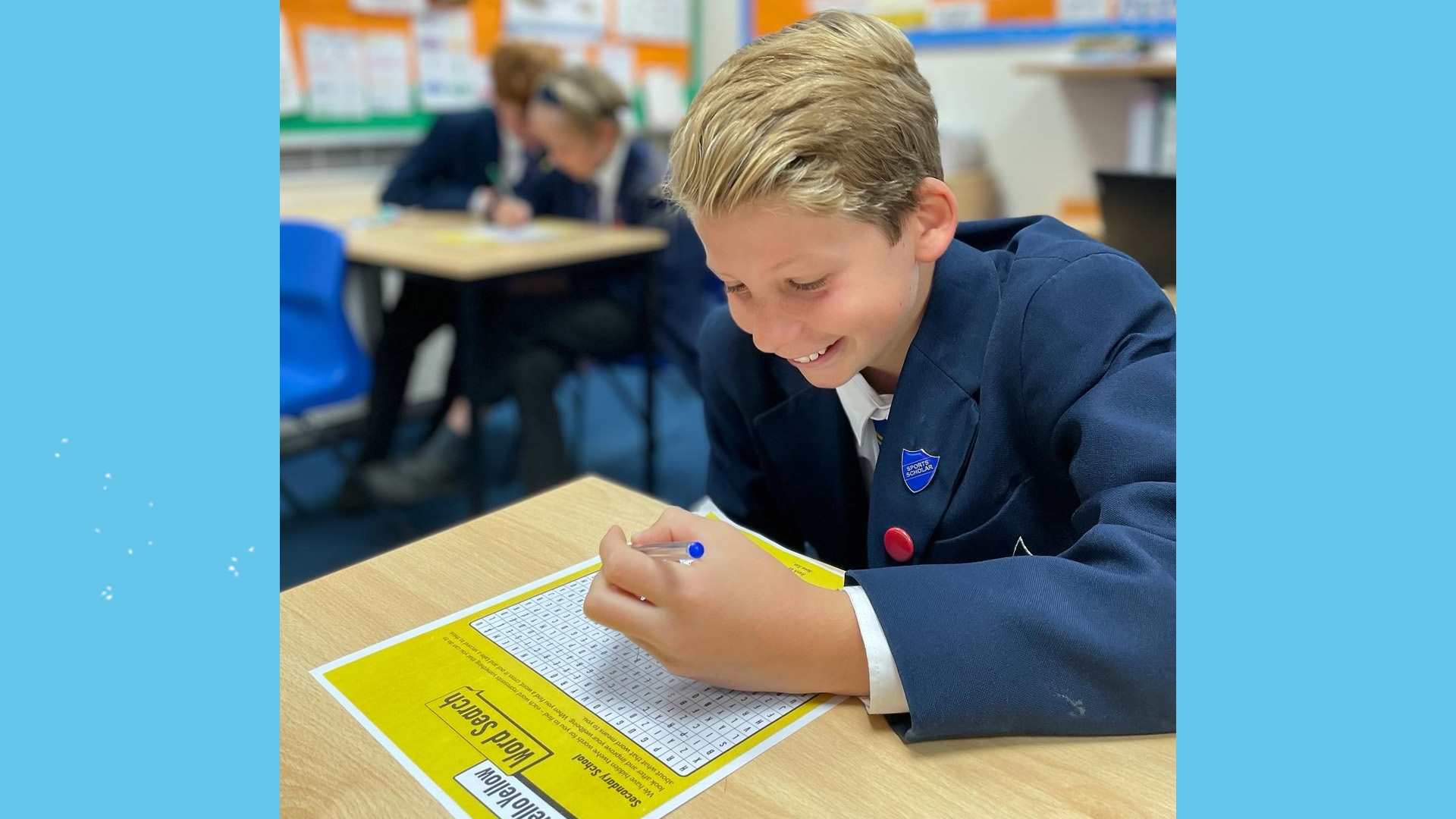 A secondary school child completing a #HelloYellow word search.