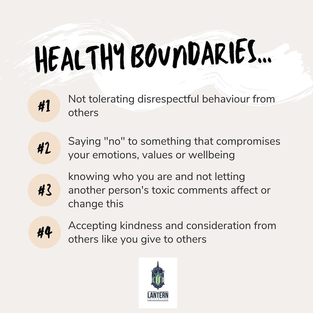 Lantern Initiative 4 tips on healthy boundaries. The list reads: not tolerating disrespectful behaviour from others, saying "no" to something that compromises your emotions, values or wellbeing, knowing who you are and not letting another person's toxic comments affect or change this, accepting kindness and consideration from others like you give to others.