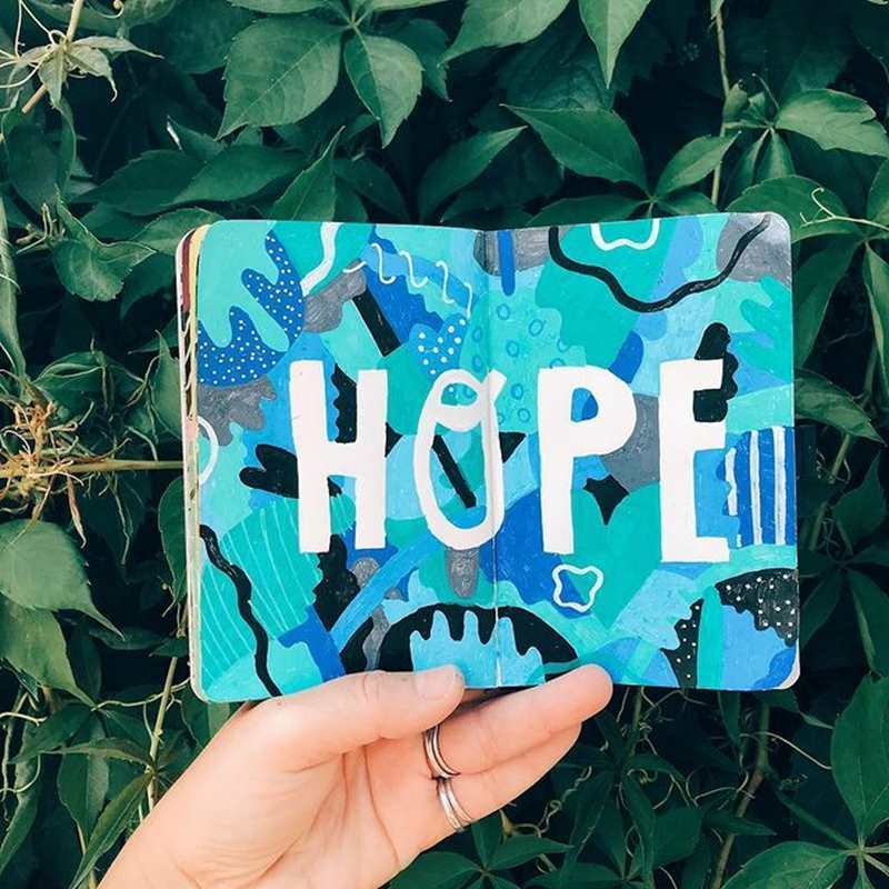 Instagram artwork by @ellamasters - the word: 'Hope' on a blue patterned background