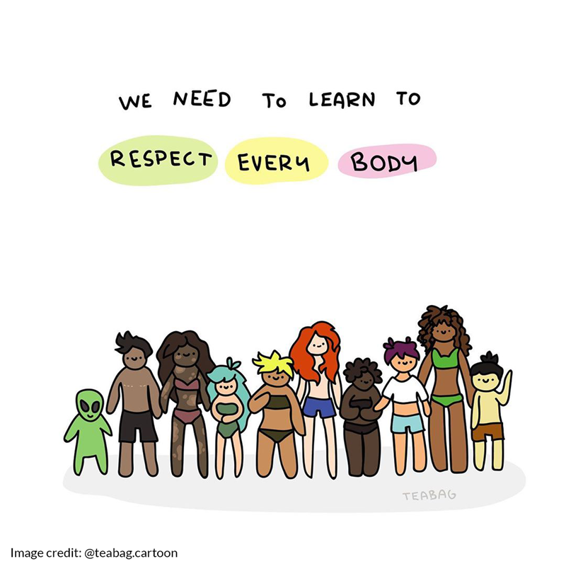 Instagram artwork by @teabag.cartoon. There are cartoon people of different shapes, sizes and colours holding hands and standing next to each other. Text above them reads, 'we need to learn to respect every body.'