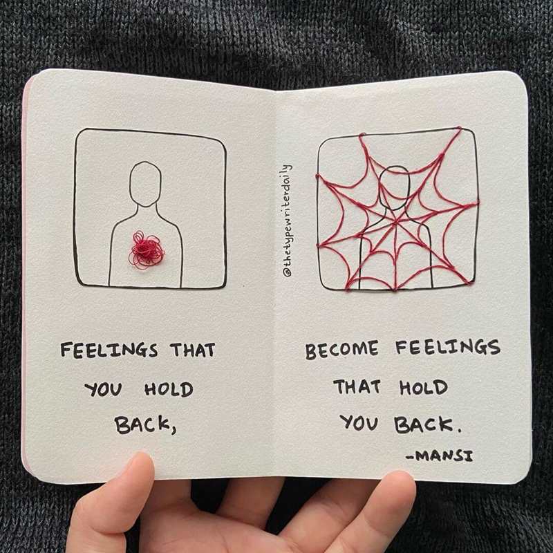 Artwork by thetypewriterdaily. A hand holds a sketchbook open to show a drawing that represents what happens when we hold back our feelings.
