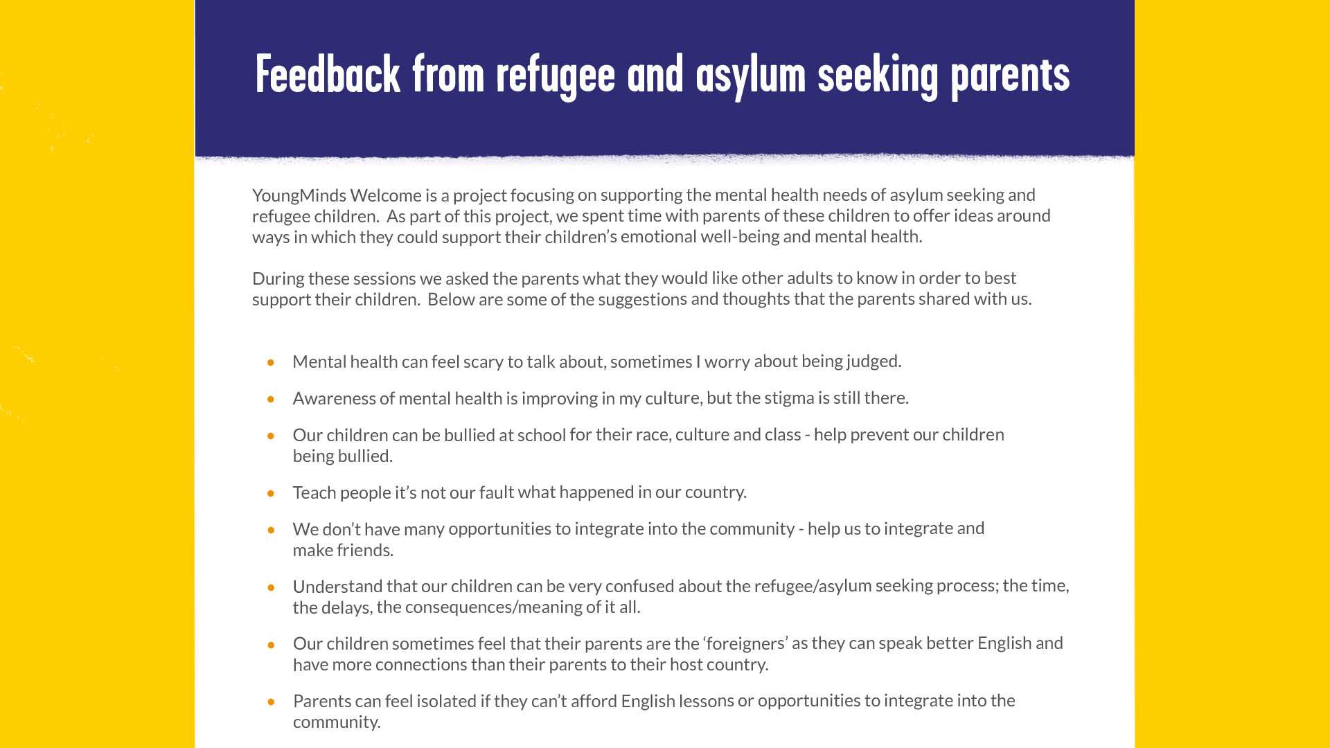 A screenshot of our resource feedback from refugee and asylum seeking parents.