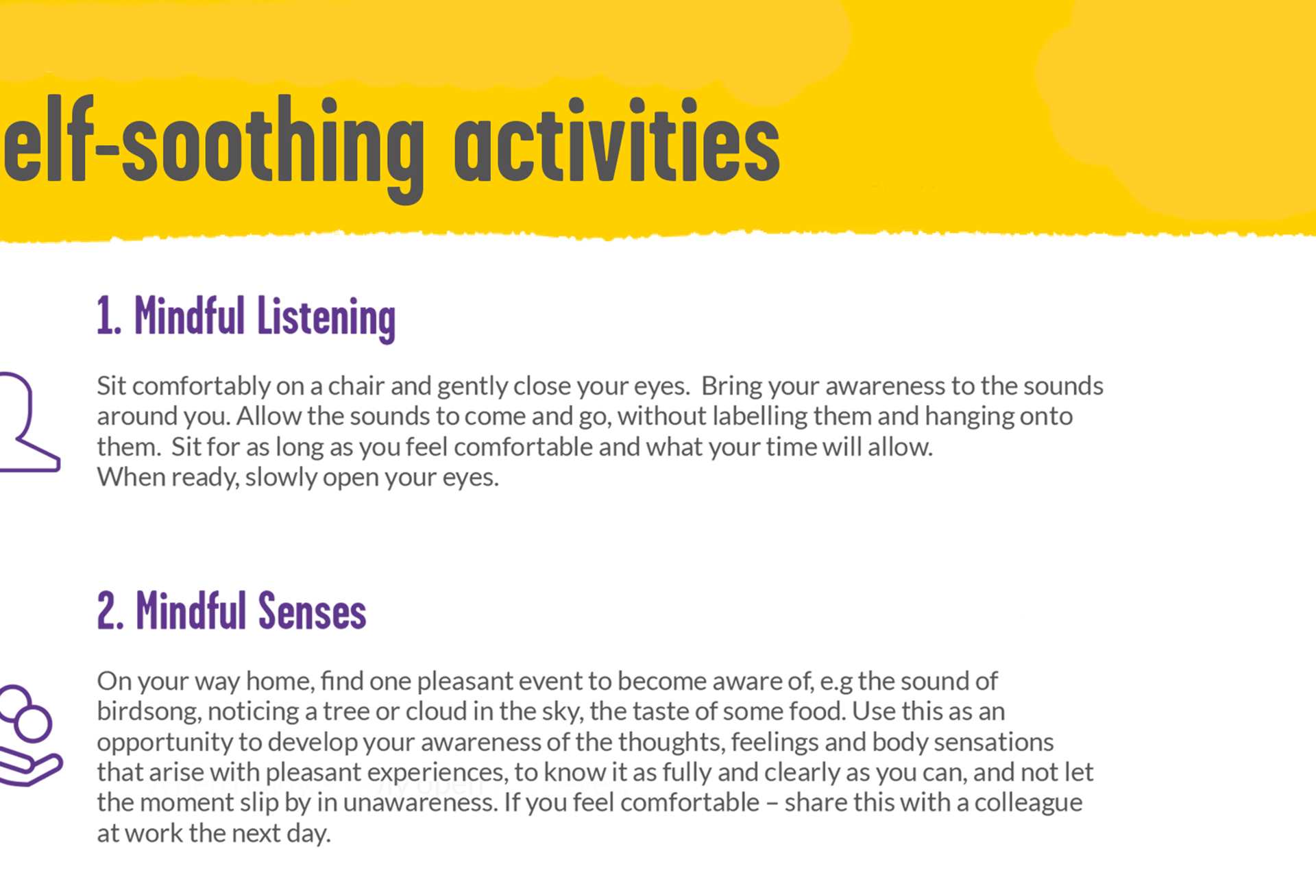 An image of our 'Self-soothing activities' poster. On the left hand side of the poster next to the first two bullet points is an outline of a person and below it a outline of a hand with coins above it.