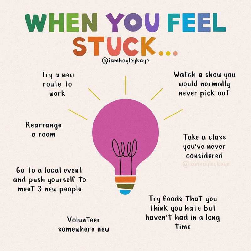 Illustration by @iamhayleykaye. There is a lightbulb in the centre of the image with ideas around it on what to do when you feel stuck.