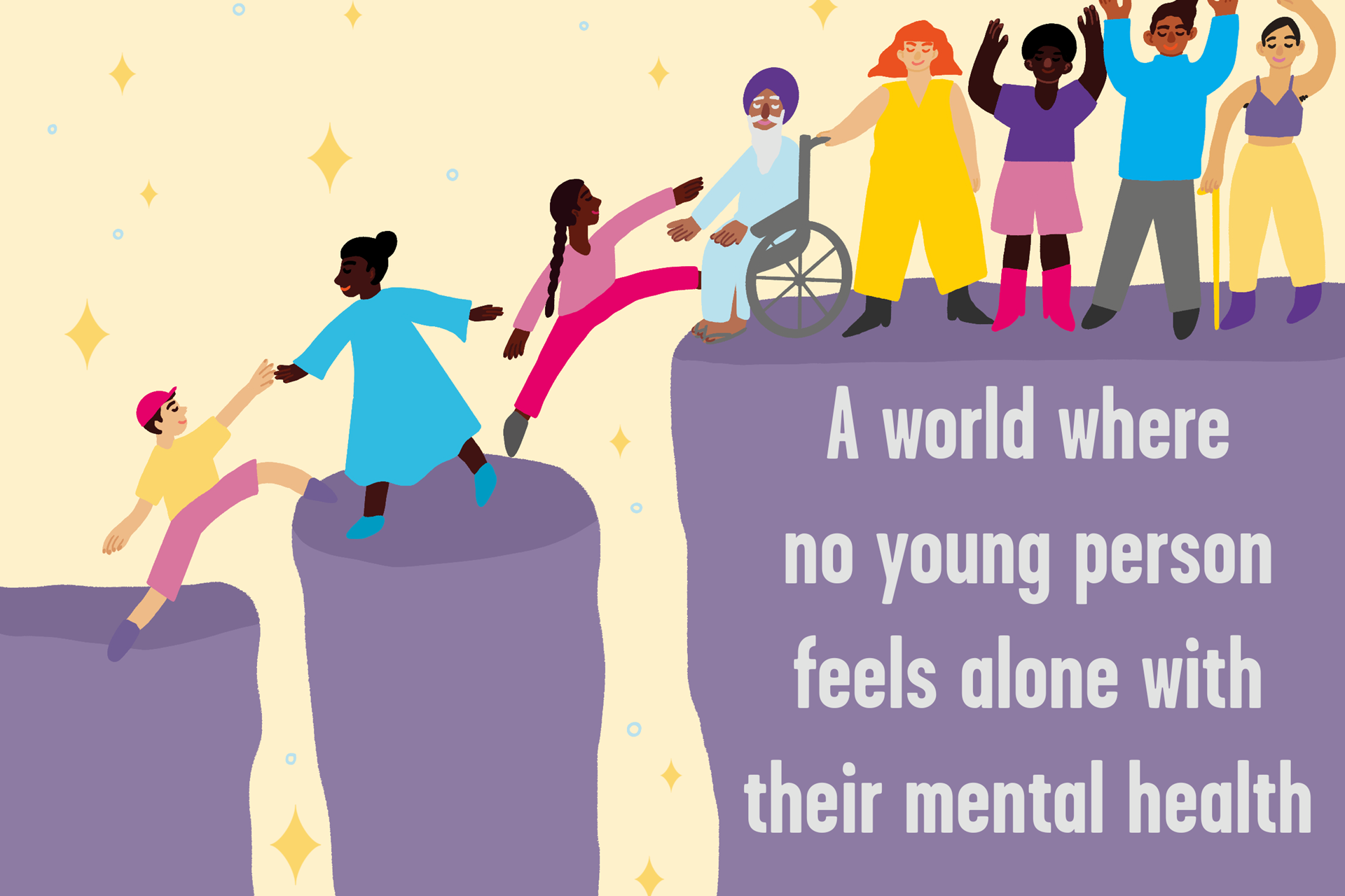A group of people at the top of a purple block are helping three others climb onto their block. The text on the big purple block reads 'a world where no young person feels alone with their mental health'.