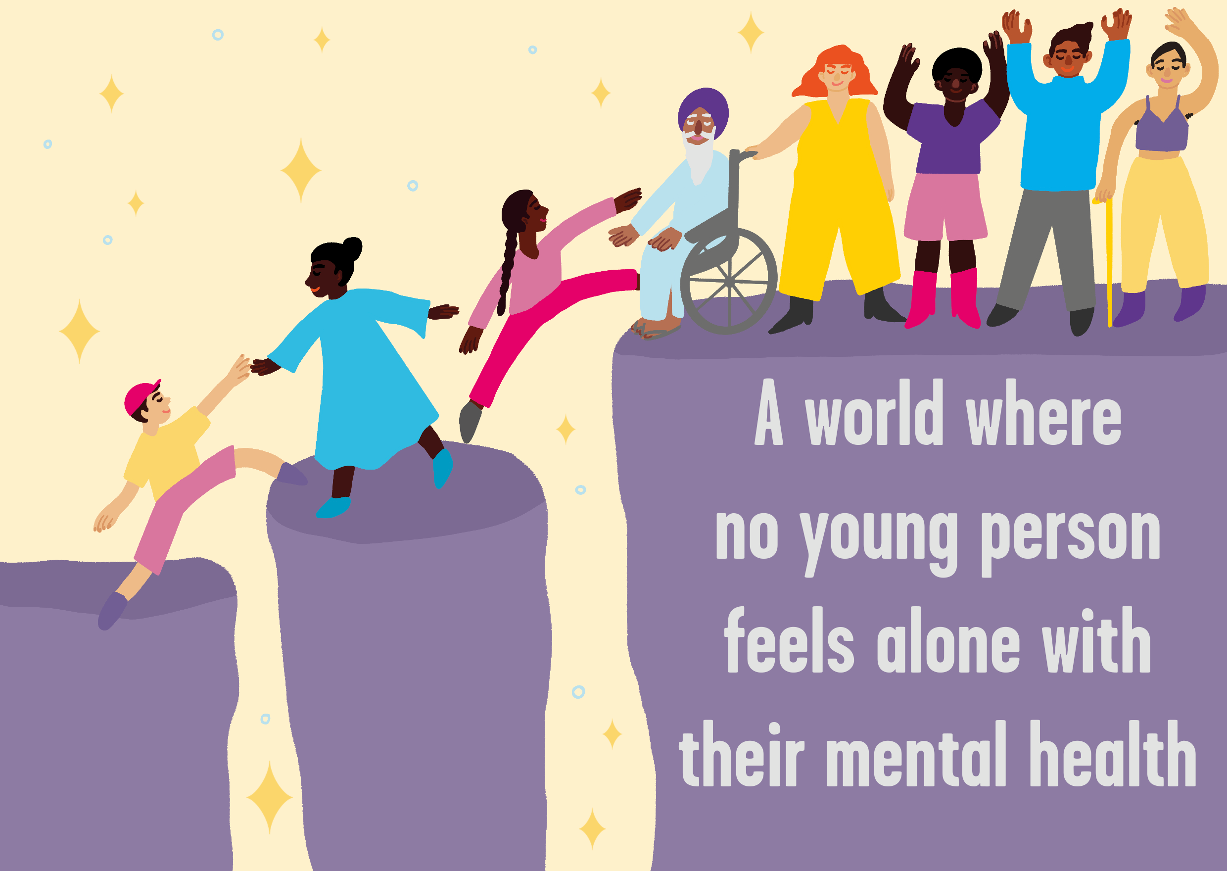 A group of people at the top of a purple block are helping three others climb onto their block. The text on the big purple block reads 'a world where no young person feels alone with their mental health'.