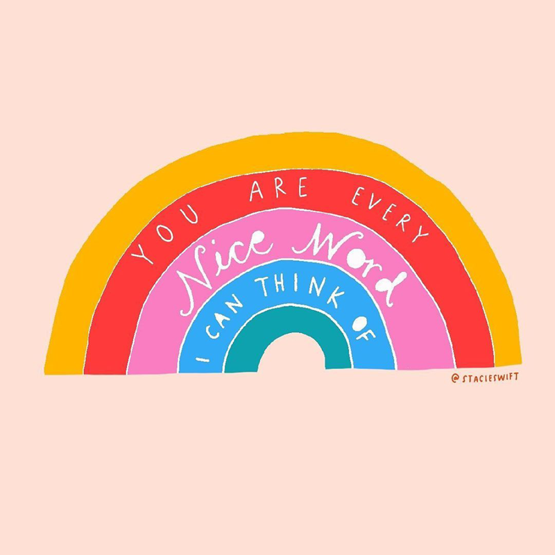 Instagram artwork by @stacieswift. A gold, red, pink, blue and mint rainbow is in the middle of the image.