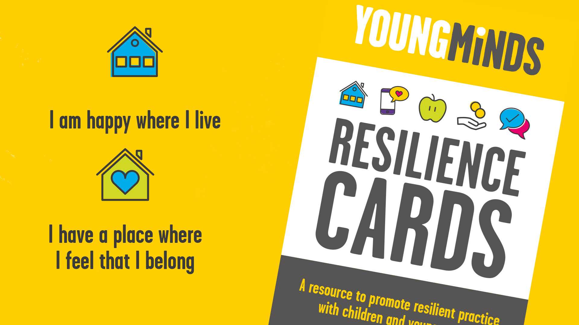 On the left are drawings of a blue school and a green house with a blue heart in the middle. Underneath the school it reads 'I am happy where I live'. Underneath the house it reads 'I have a place where I feel that I belong'. To the right is the cover of our resilience cards for secondary schools.