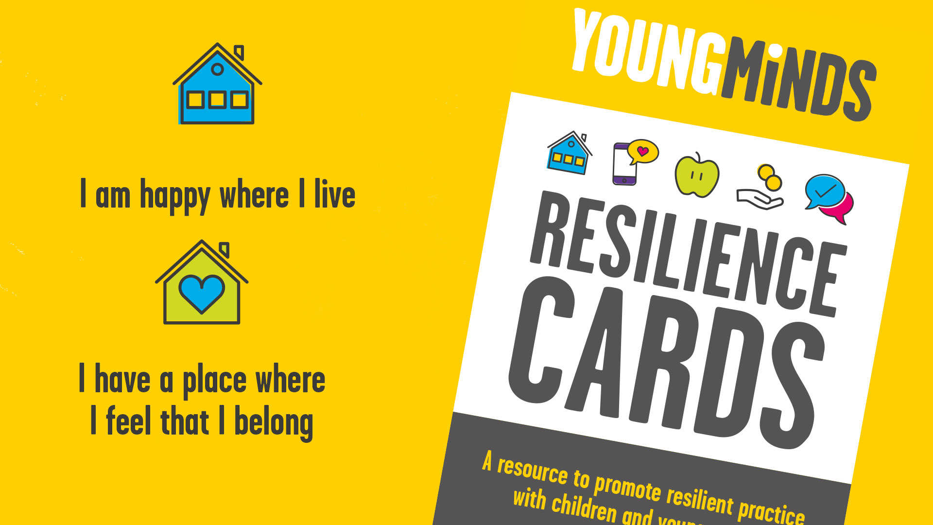 On the left are drawings of a blue school and a green house with a blue heart in the middle. Underneath the school it reads 'I am happy where I live'. Underneath the house it reads 'I have a place where I feel that I belong'. To the right is the cover of our resilience cards for secondary schools.