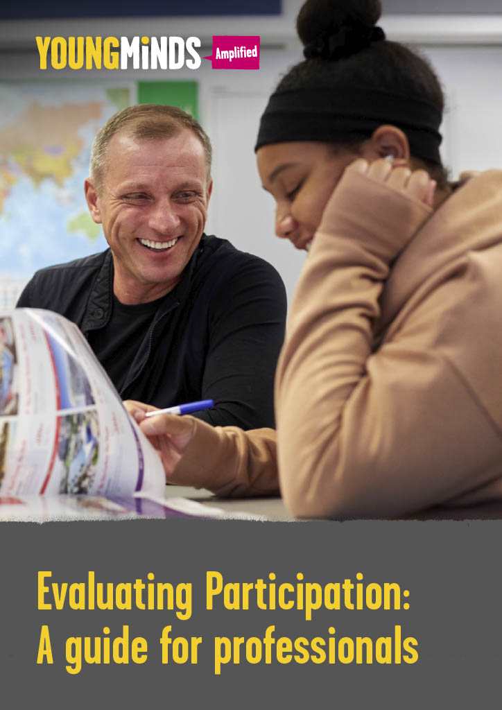 Front page cover of our resource 'Evaluating Participation: A guide for professionals'. The cover has an image a teacher and student. The teacher is on the left smiling at the student, the student is smiling and looking through a book.