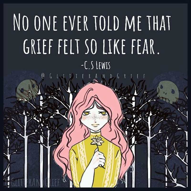 Instagram artwork by @glitterandgrief - a person holding a flower with the words: 'no one ever told me that grief felt so like fear.'