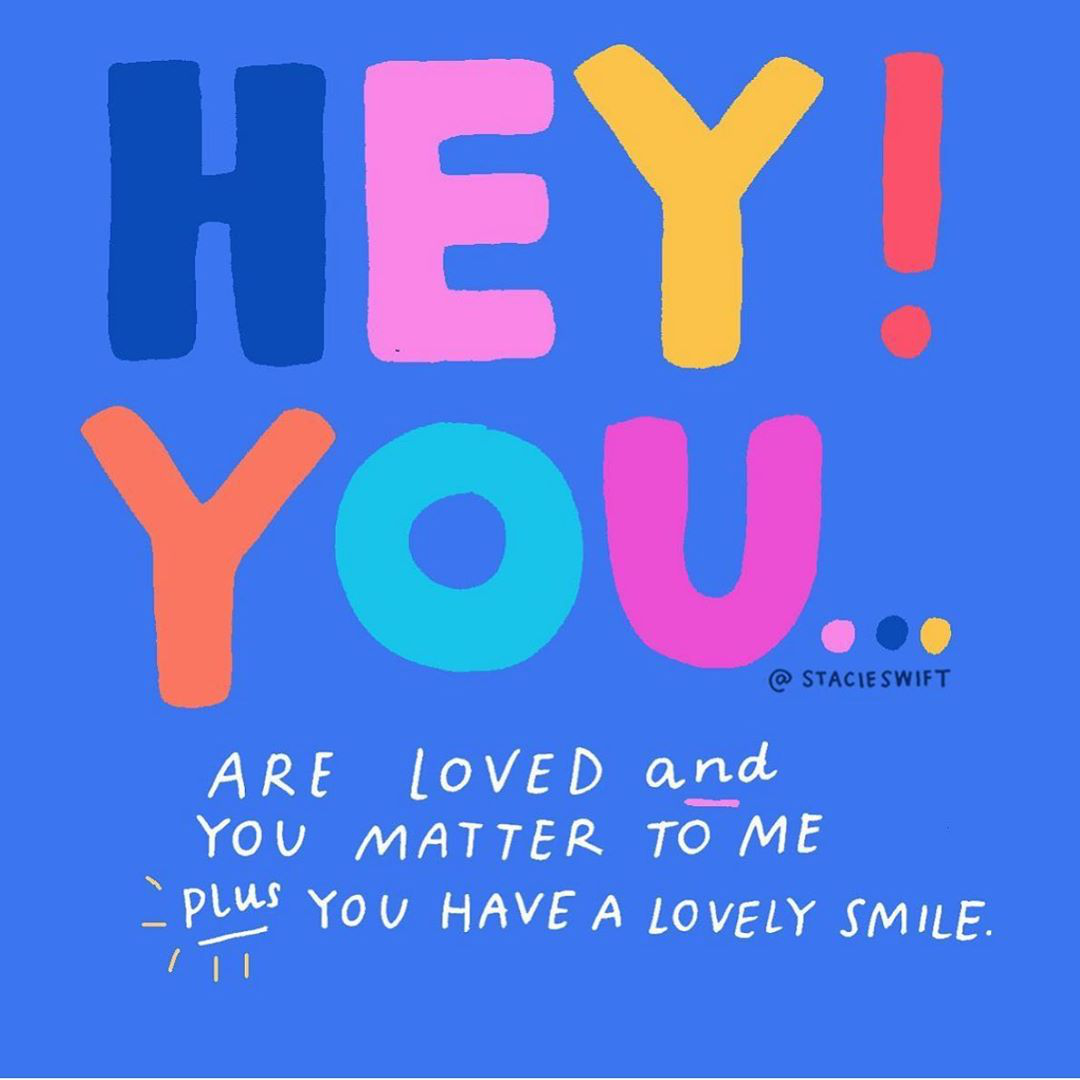 Instagram artwork by @stacieswift. Blue background with the words 'hey you!' in capitals and multicoloured.