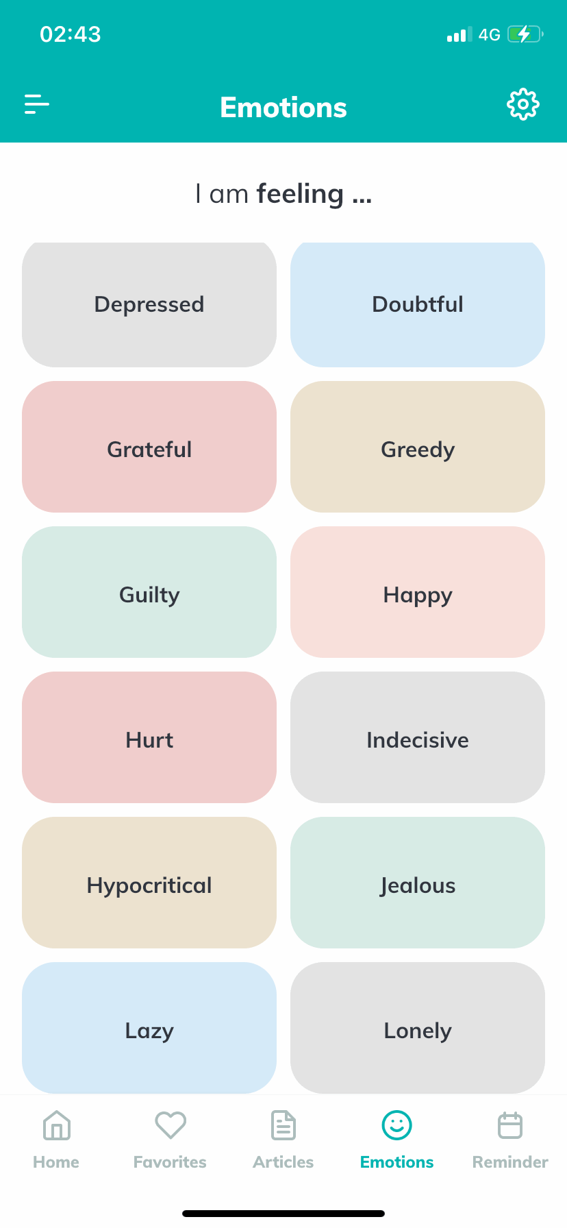 Screenshot of Dhikr & Dua app showing different emotions to choose from.