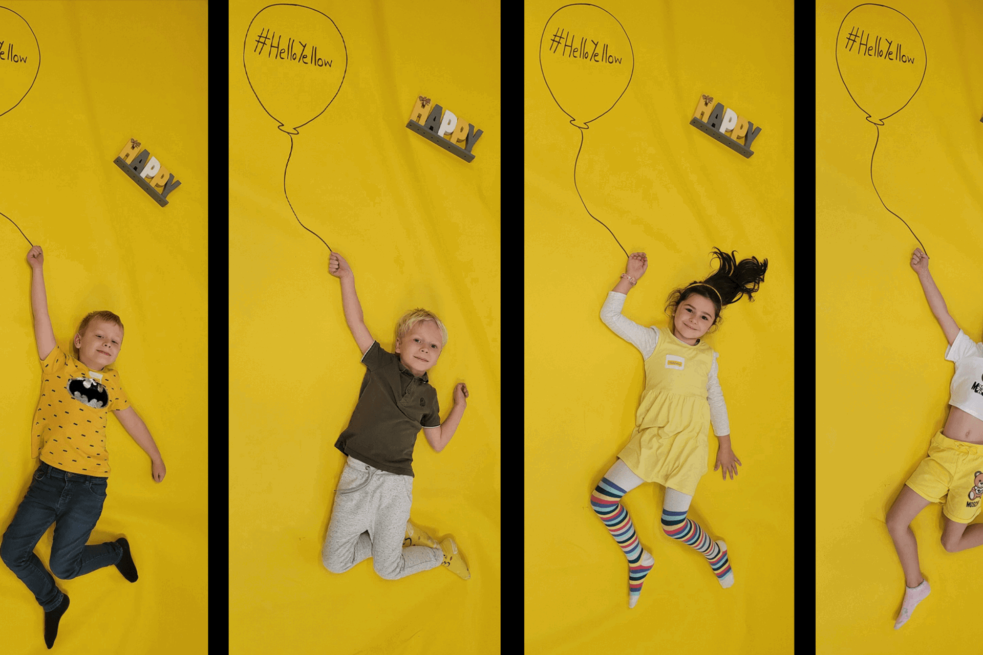 Four young people lie on the floor on a yellow background pretending to hold a balloon which says #HelloYellow, they all wear yellow clothing.