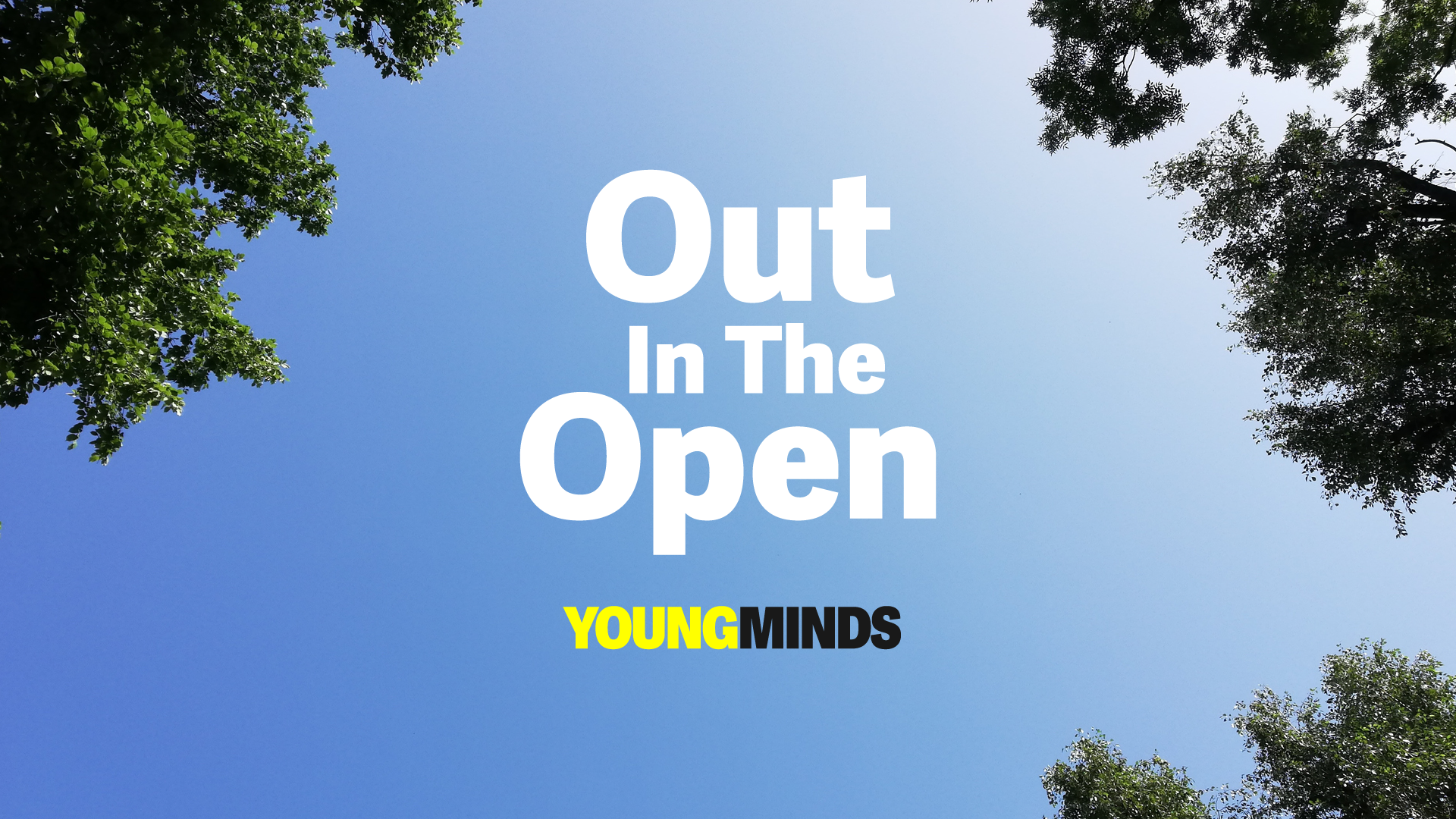 Blue sky and treetops with text reading 'Out In The Open YoungMinds'
