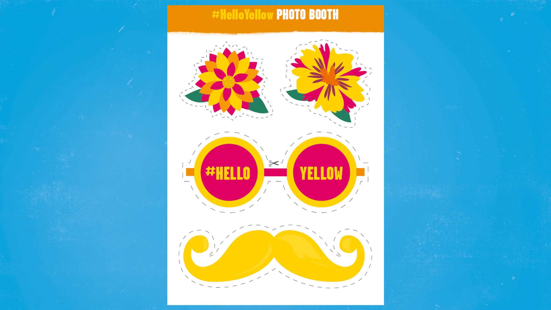 An image of #HelloYellow photobooth props including glasses, moustache and flowers 