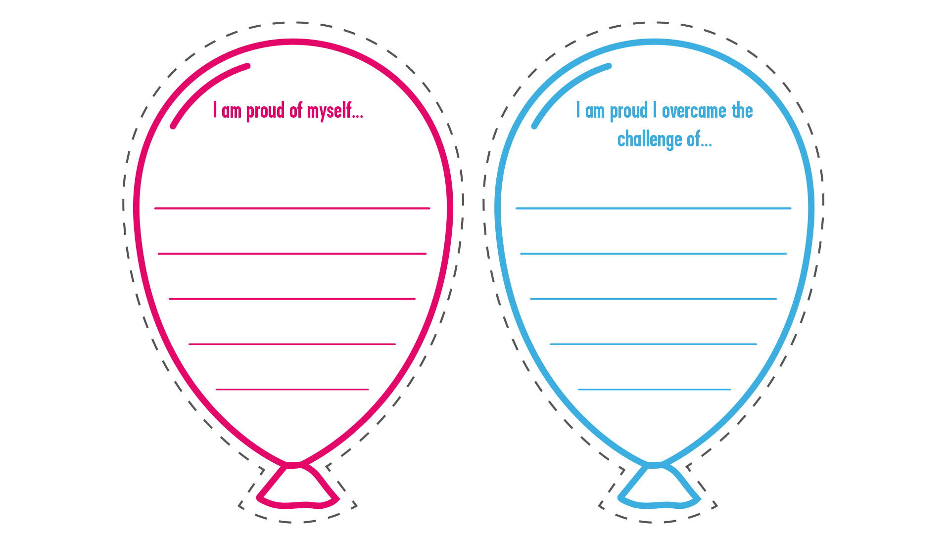 An image of our Balloons of Success Activity. On the left is a pink outline of a balloon, and on the right is a blue outline of a balloon. 