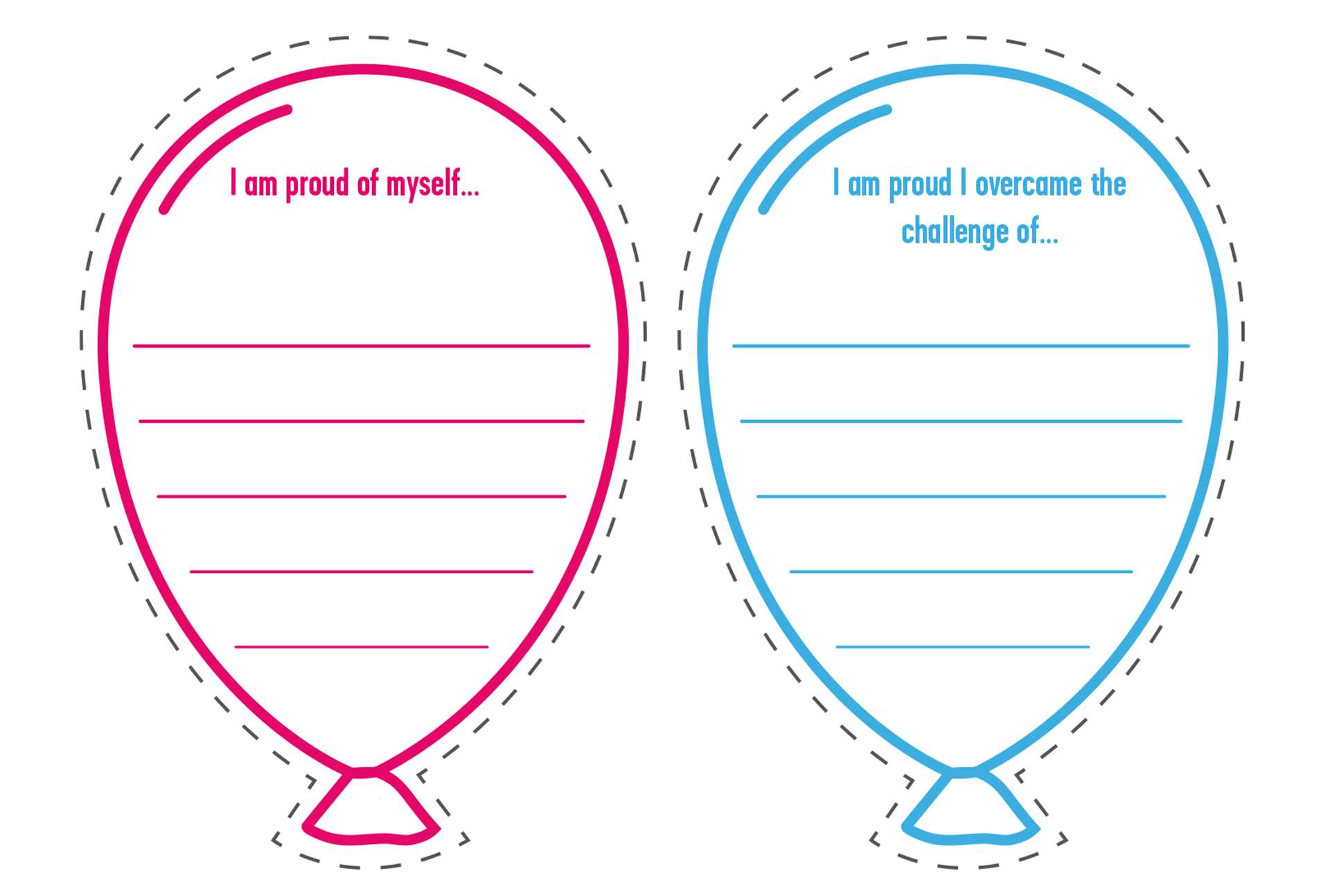 An image of our Balloons of Success Activity. On the left is a pink outline of a balloon, and on the right is a blue outline of a balloon. 