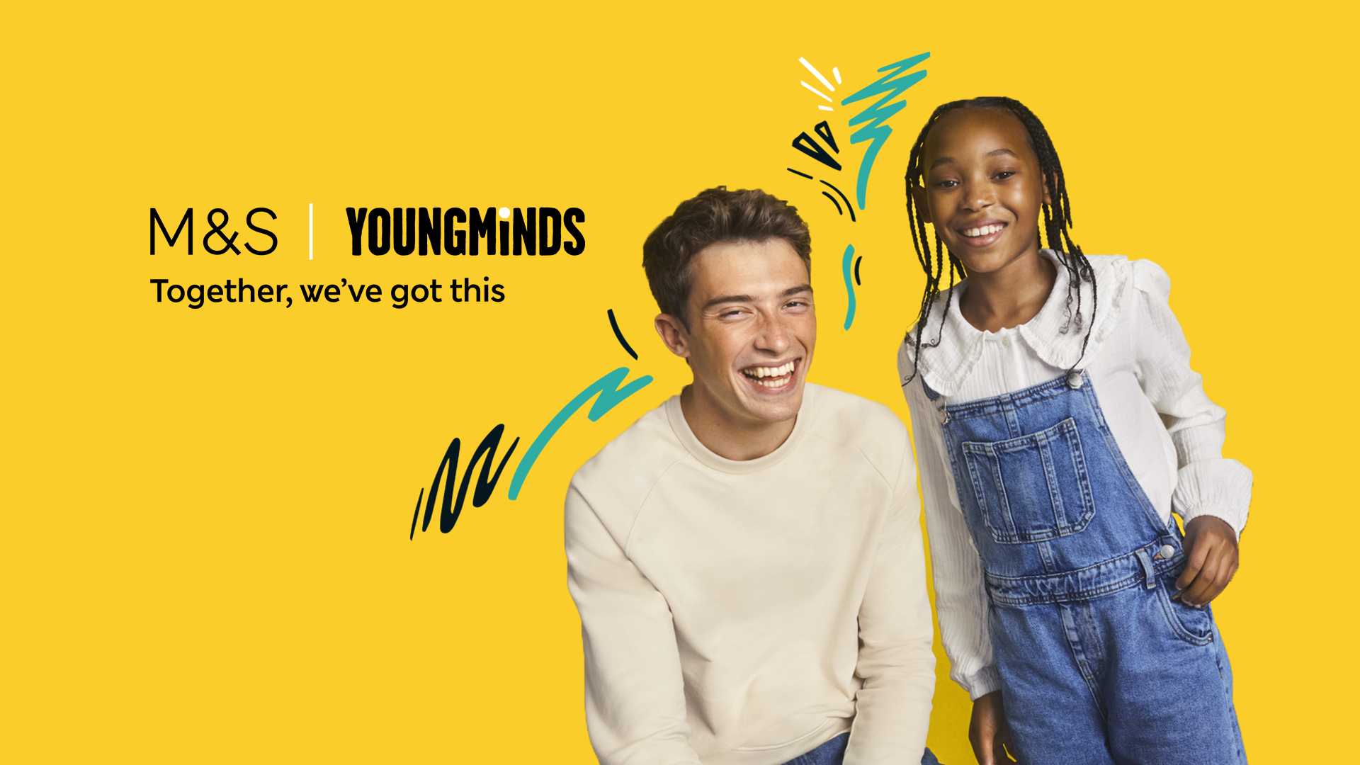 An adult and a child wearing M&S clothes smiling. Logo reads: "M&S | YoungMinds Together, we've got this"