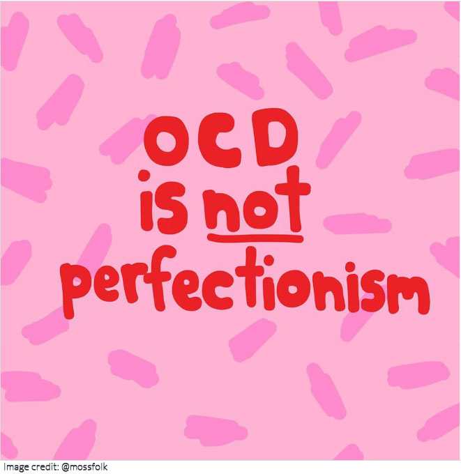 Instagram artwork by @Mossfolk. Pink textured background with red writing that reads 'OCD Is Not Perfectionism'.