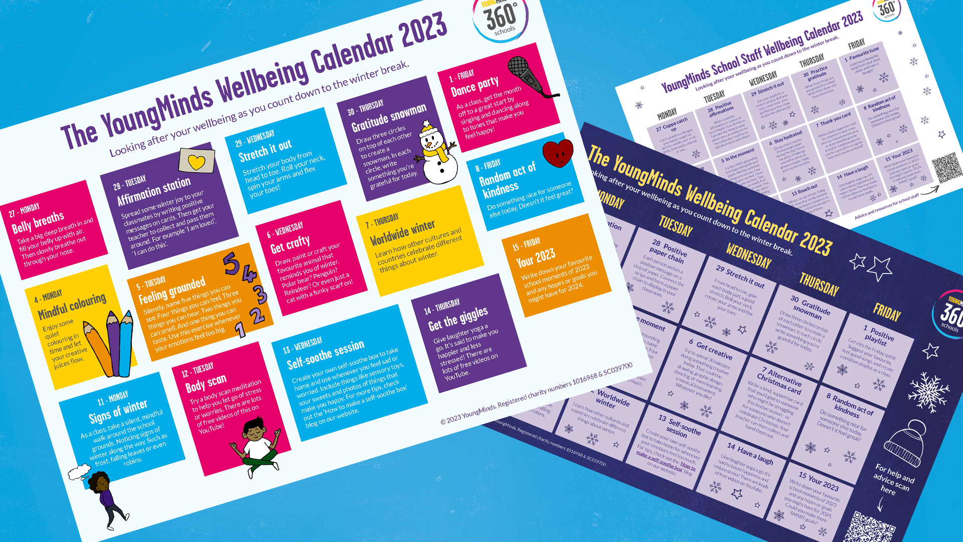A preview of all three 2023 wellbeing advent calendars.