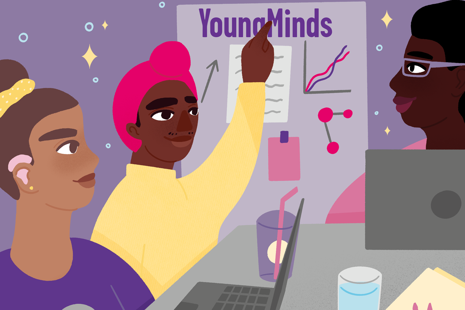 two young people have laptops with the third pointing at a board with research on. At the top of the board is YoungMinds.