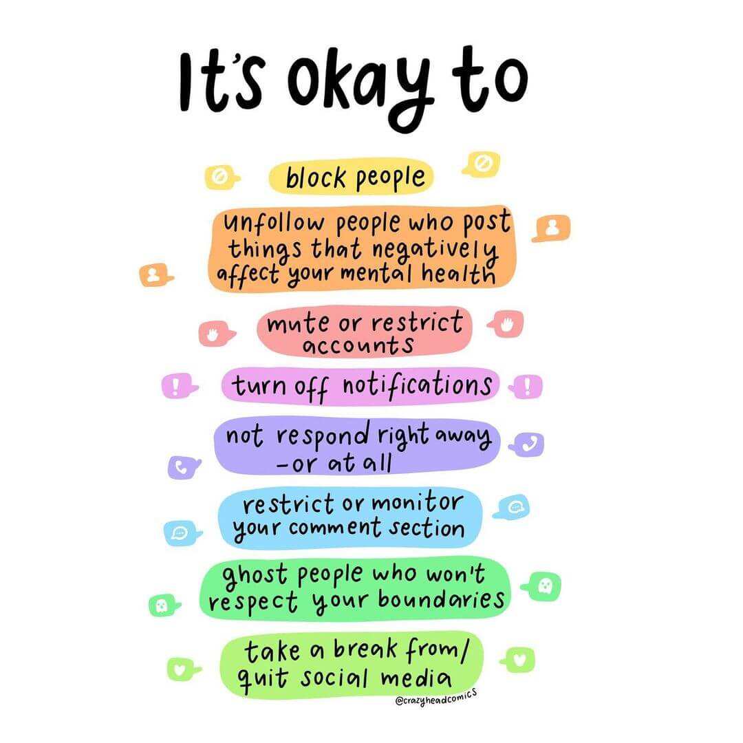 Graphic by crazyheadcomics that shows a list of things it's okay to do on social media to look after your mental health.