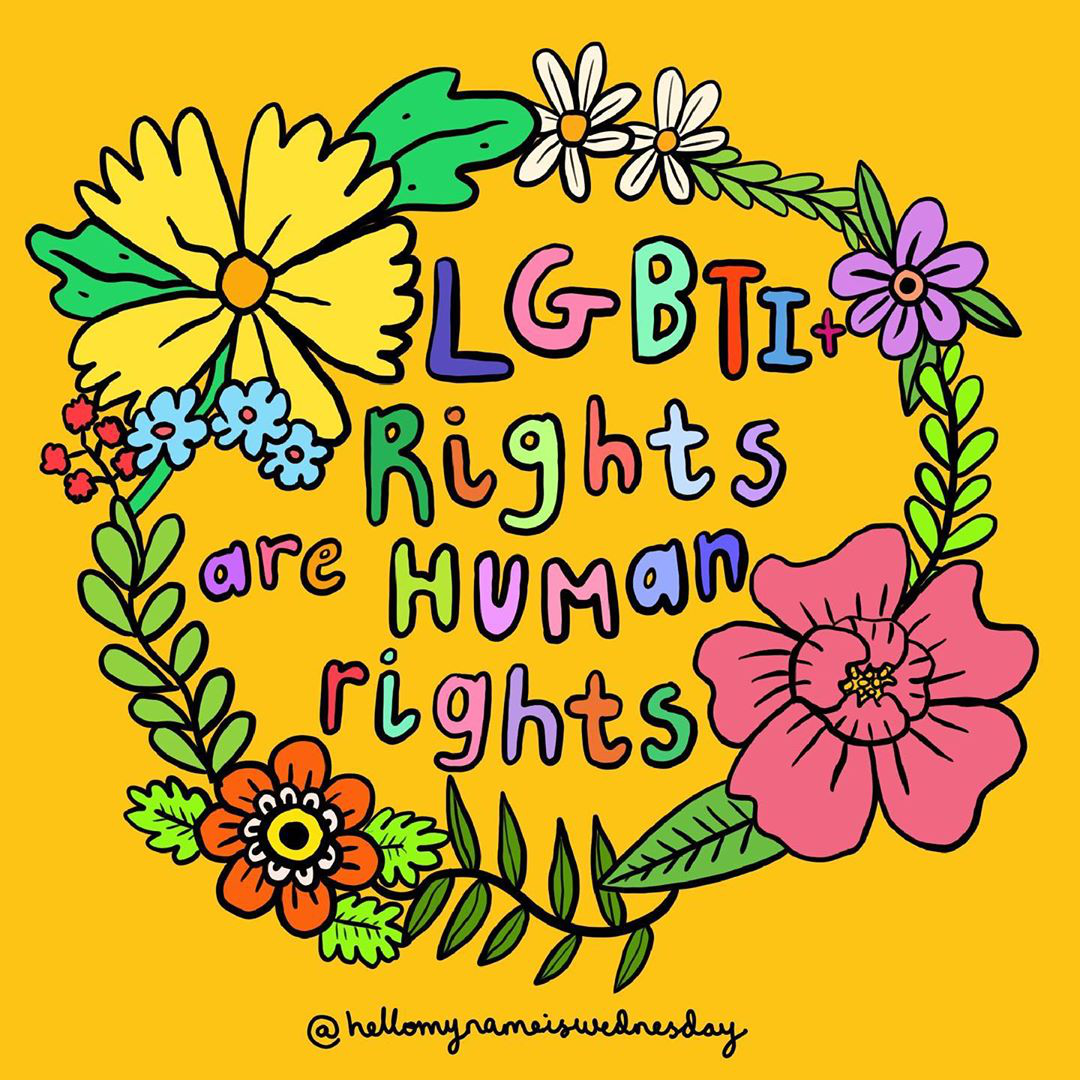 Instagram artwork by @hellomynameiswednesday. A circle of flowers and leaves surround the words 'LGBTI+ rights are human rights'.