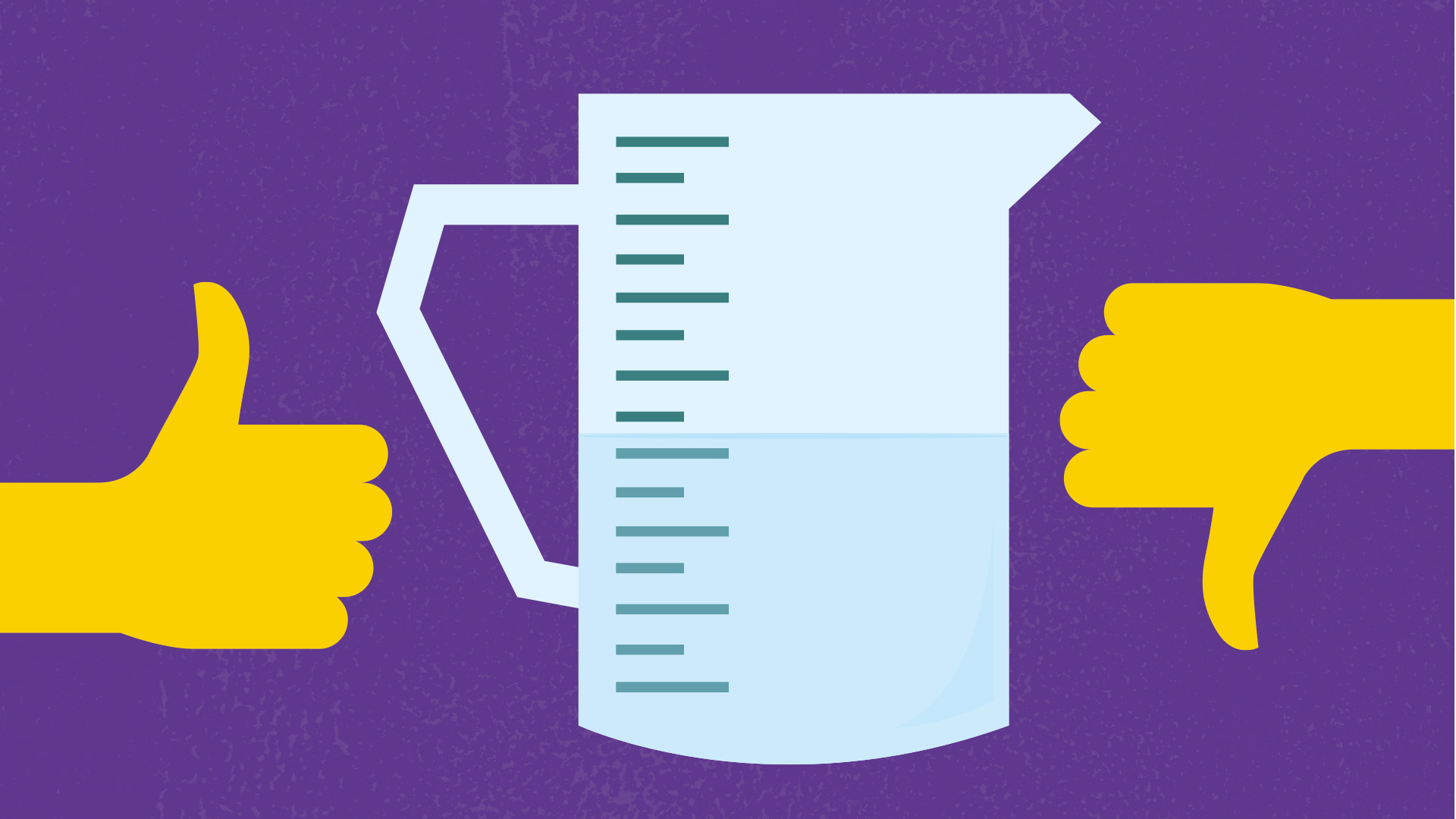 On the left is a yellow cartoon hand with its thumb up, in the middle is a cartoon water jug, and on the right is a yellow cartoon hand with its hand down.