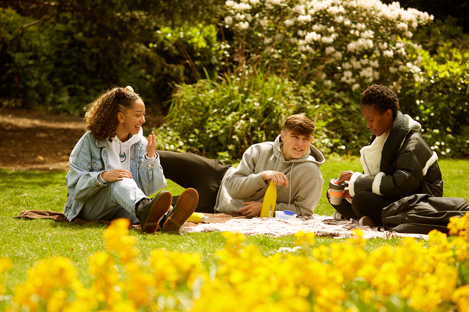 A group of two young people and an adult sitting on the grass in the park and laughing together.