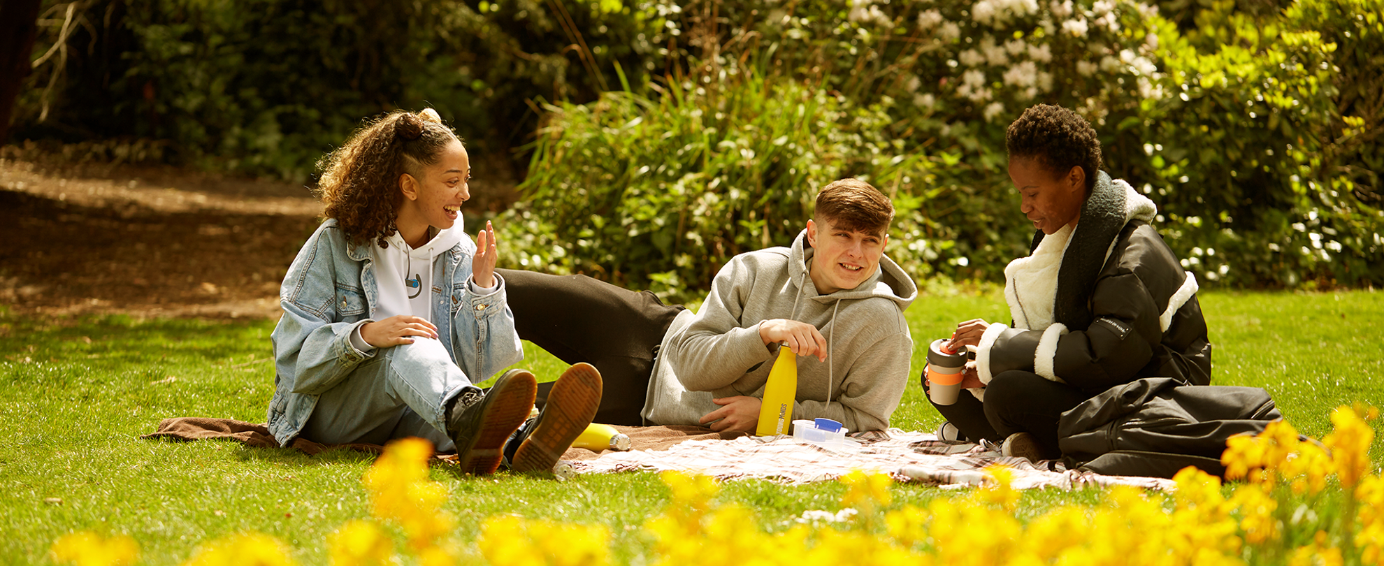 A group of two young people and an adult sitting on the grass in the park and laughing together.