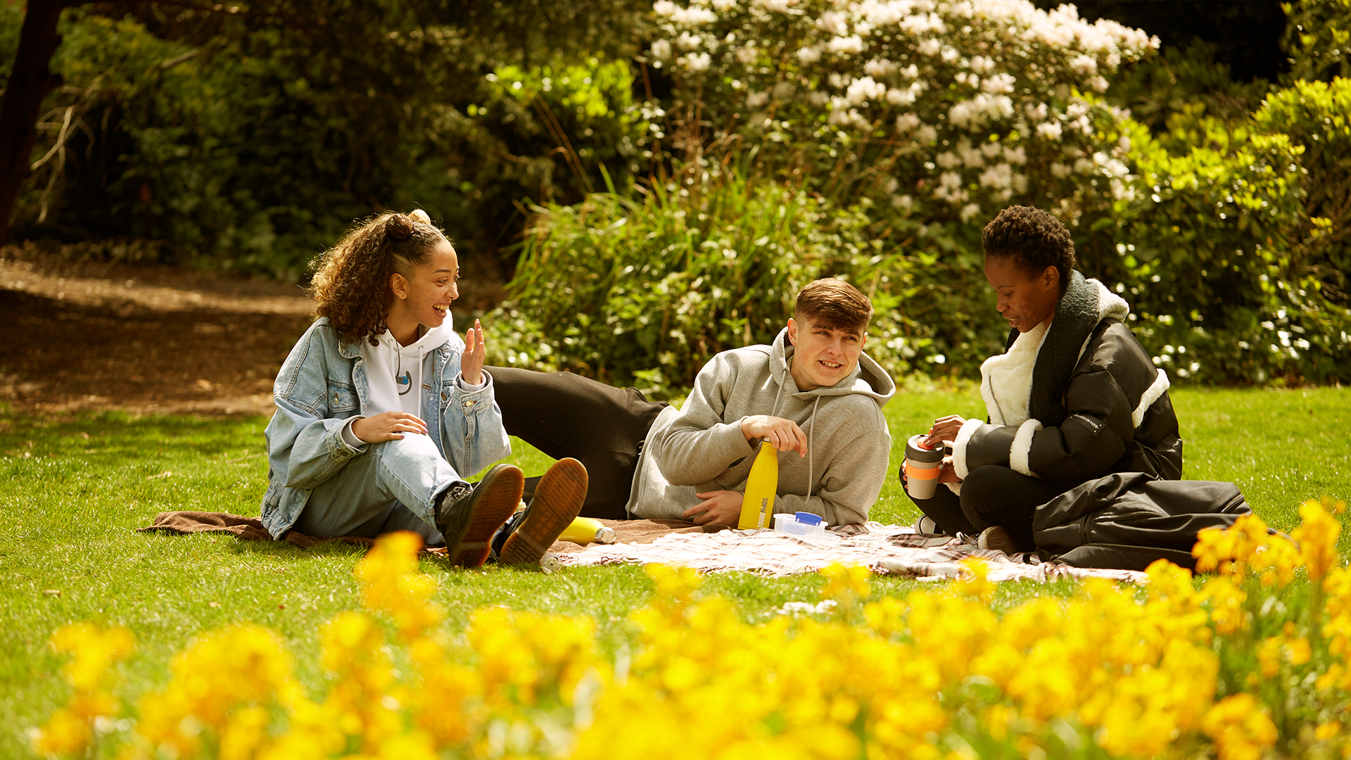 A group of two young people and an adult sitting on the grass in the park and laughing together.