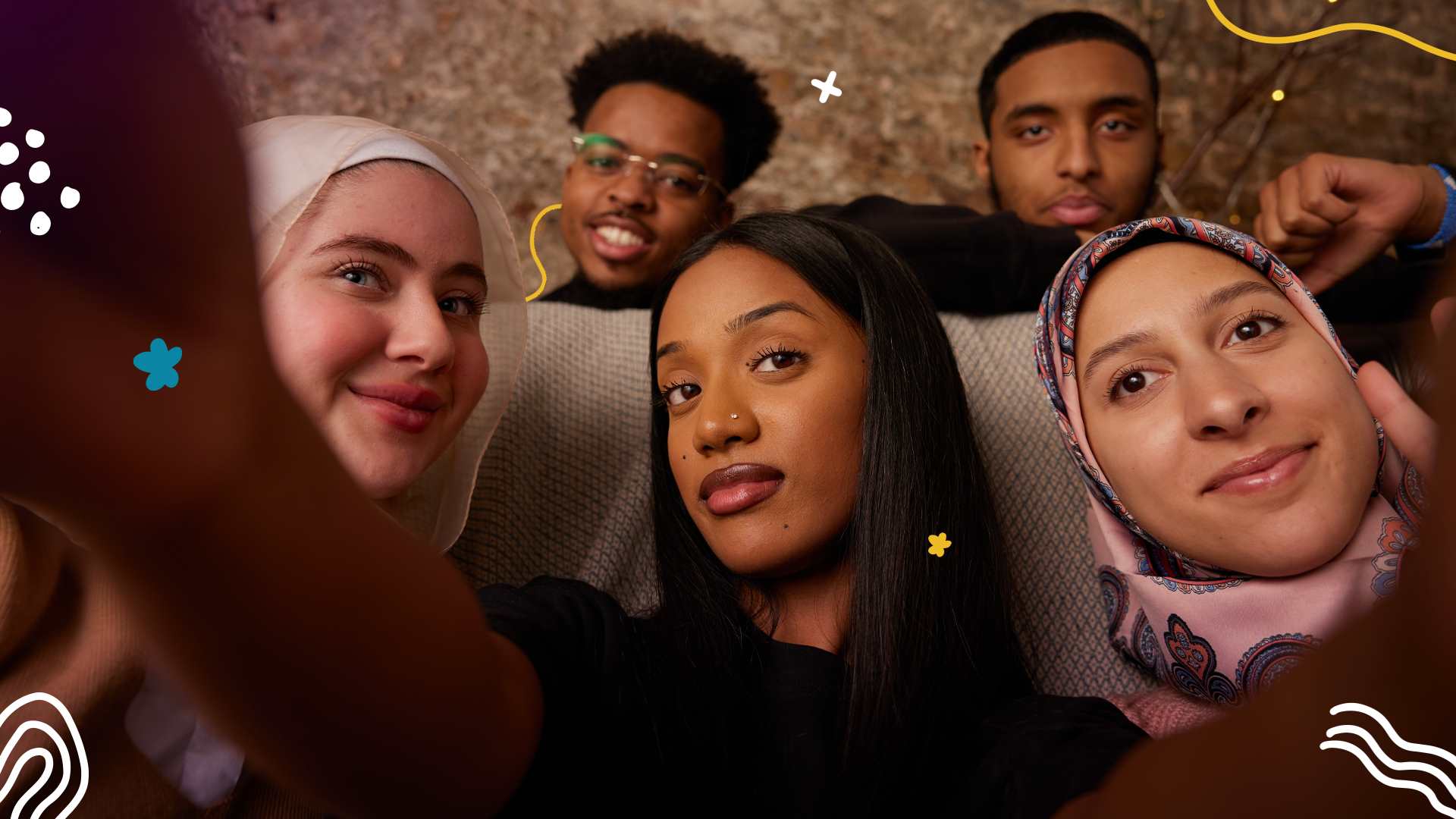 Muslim mental health campaign image of 5 young people taking selfie