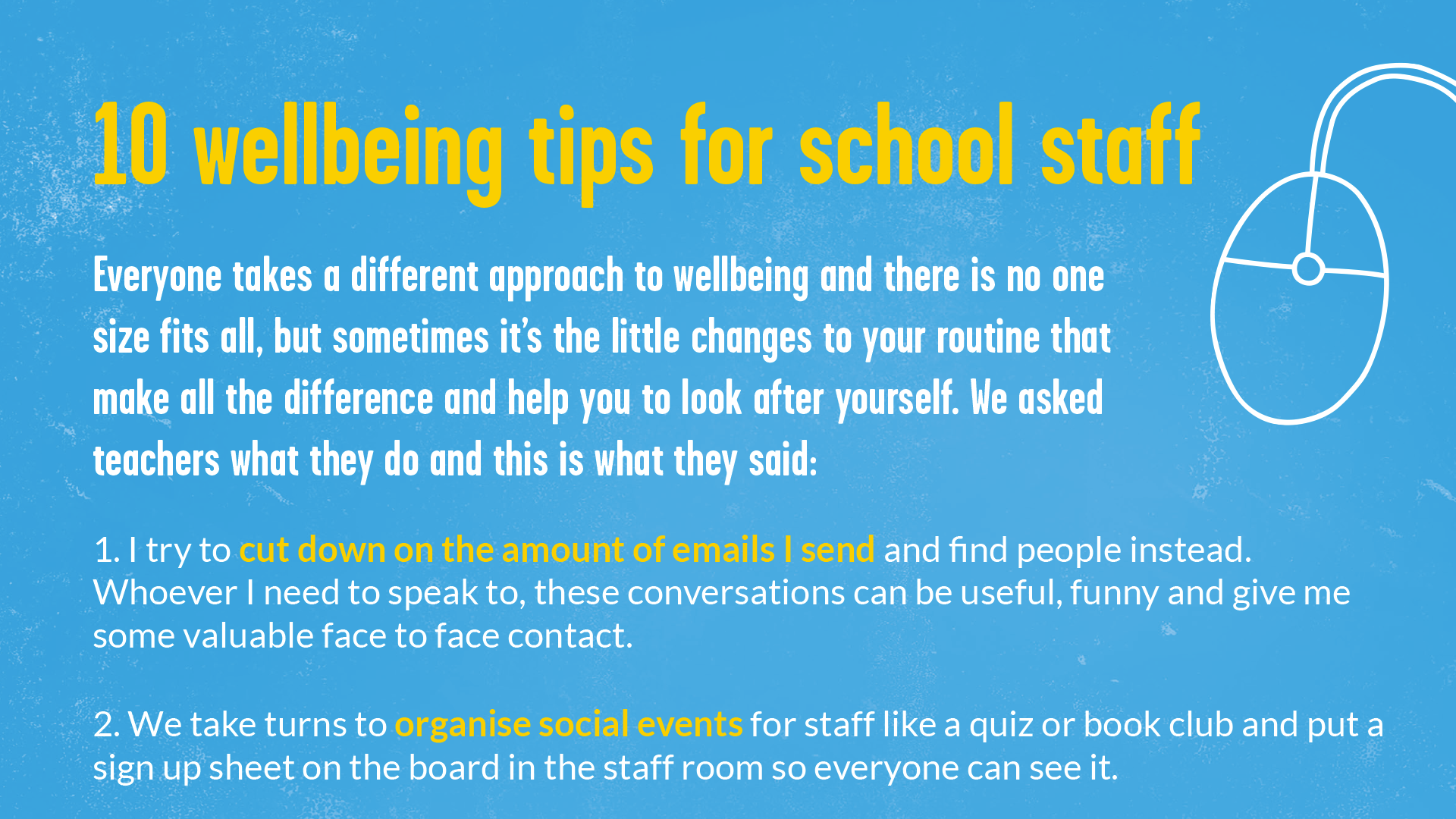 An image of our '10 Wellbeing tips for school staff' poster. Next to the name of the resource is a computer mouse icon.