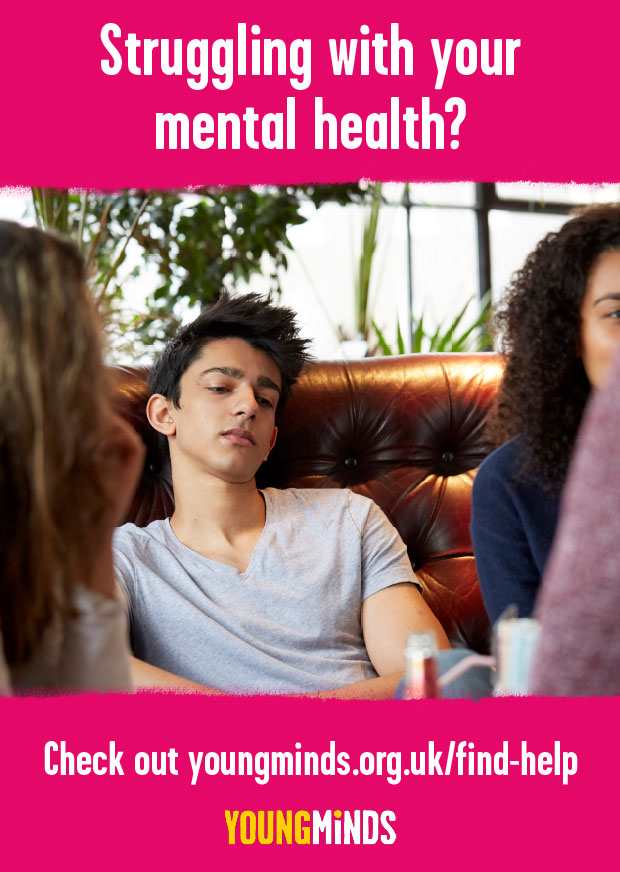 Poster titled ' Struggling with your mental health?' with a photo of a young person on a sofa looking down and not engaging with the other young people in the image.