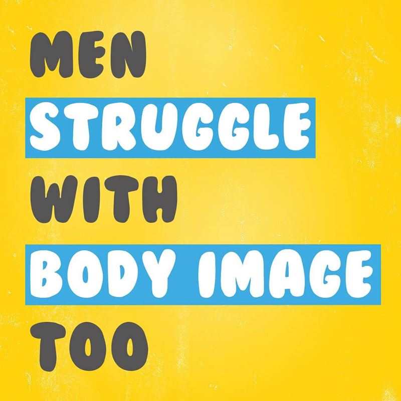 Instagram artwork by @youngmindsuk. A yellow textured background has the words 'men struggle with body image' on top in capitals and bubble writing.