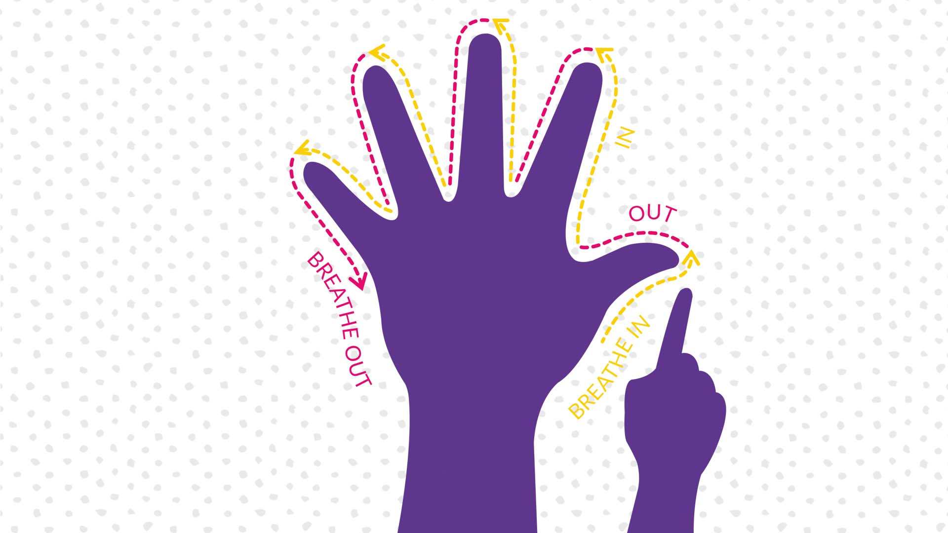 In the middle of the image is a purple hand with its fingers spread out. To the right of the hand is a smaller purple hand with its index finger pointing up. Around the bigger hand are dotted yellow and pink arrows following the shape of the fingers.