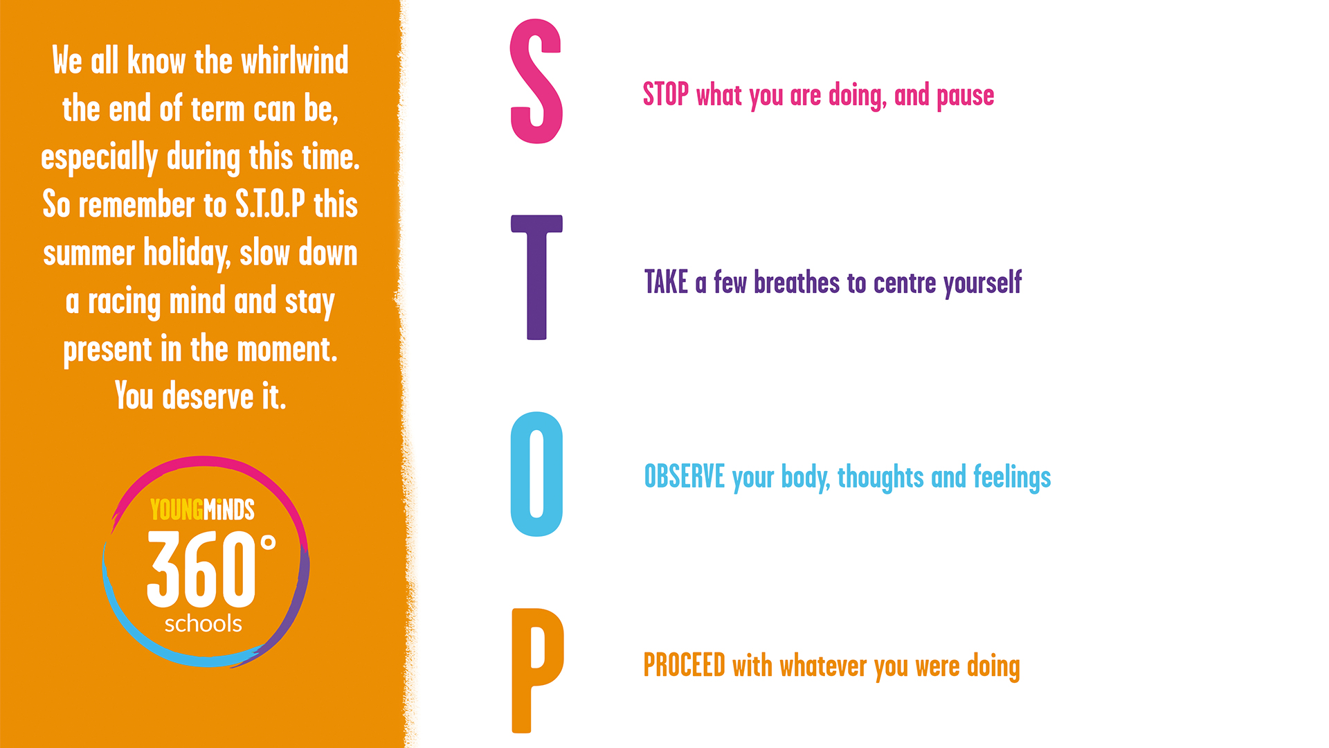 An image of our STOP poster. The word stop is used as an acronym to help be in the present moment.