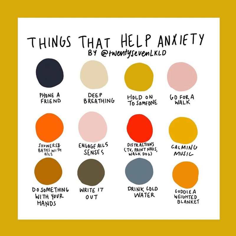 Instagram artwork by @twentysevenLKLD. The heading reads 'Things That Help Anxiety'. Graphic shows coloured spots with suggestions underneath.