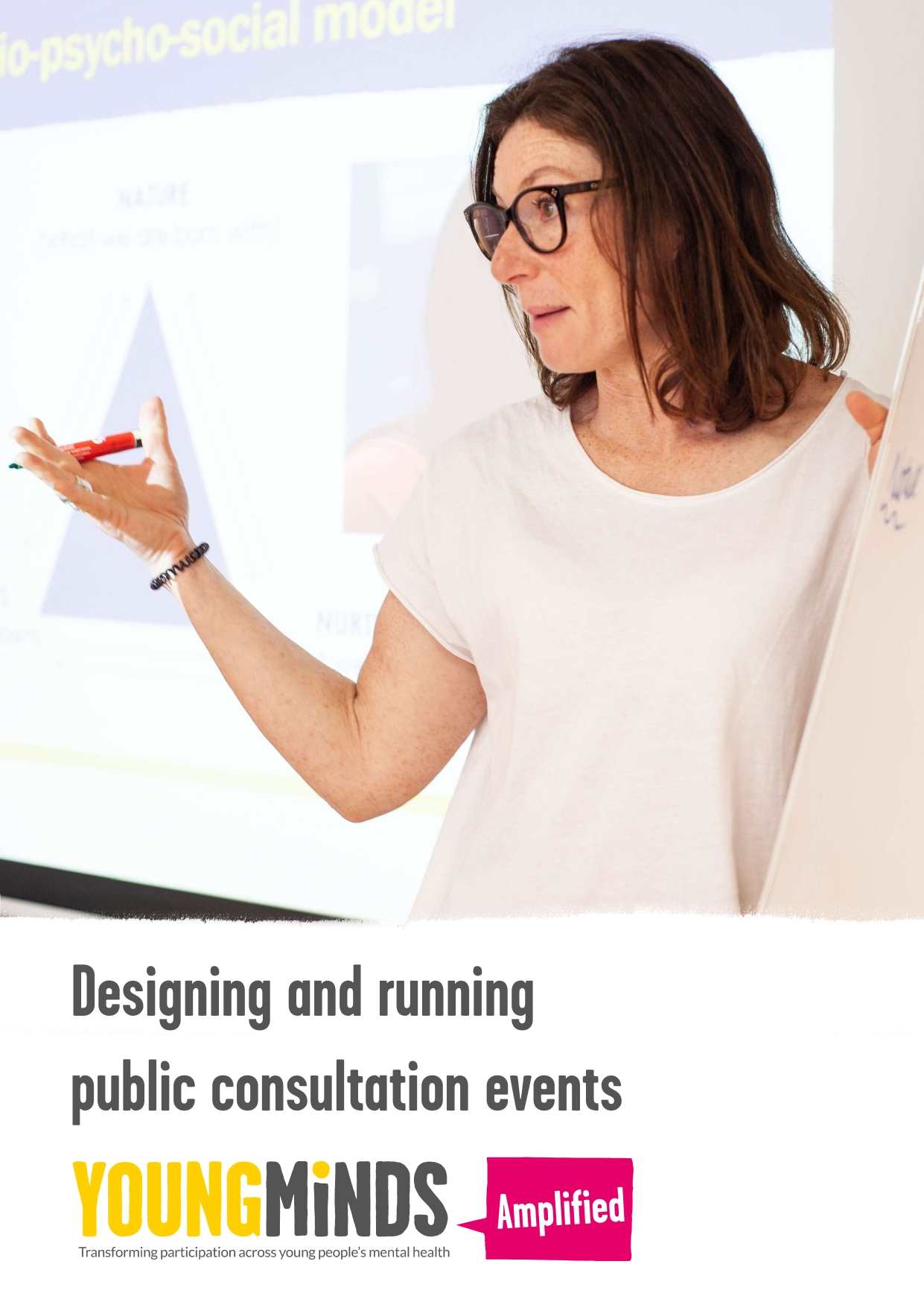 Front page cover of our resource 'Designing and running public consultation events'. On the cover is an adult leading a session and holding a marker pen.