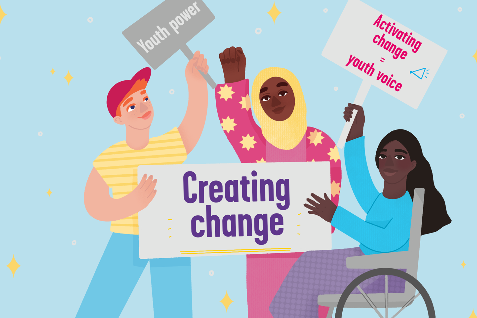 Three people holding a placard which says 'creating change'. The person on the left is holding a small placard 'youth power' with the person on the right in a wheelchair holding a placard 'activating change = youth voice'