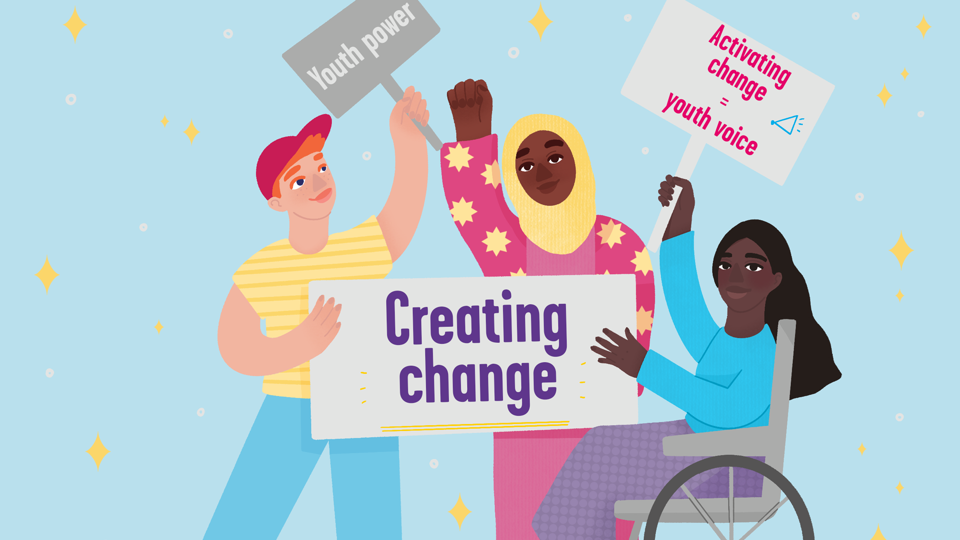 Three people holding a placard which says 'creating change'. The person on the left is holding a small placard 'youth power' with the person on the right in a wheelchair holding a placard 'activating change = youth voice'