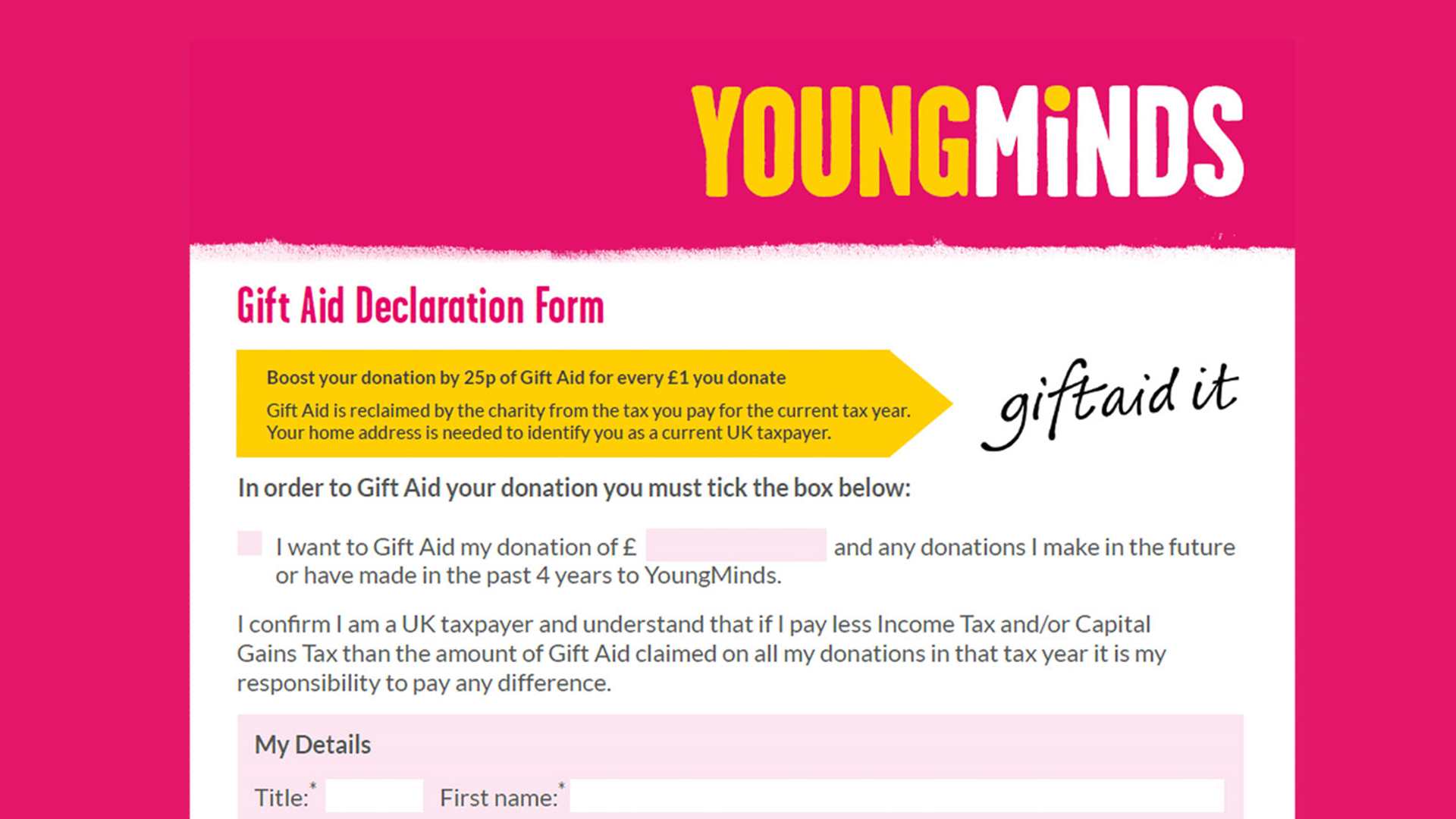 Screenshot of our gift aid declaration form which sits on a pink background.