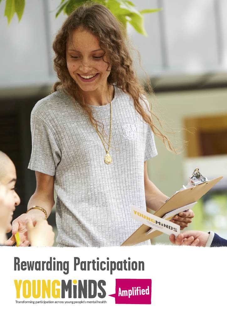 The front page of our resource 'Rewarding Participation'. The cover has an image of a young person holding a clipboard talking to other young people.